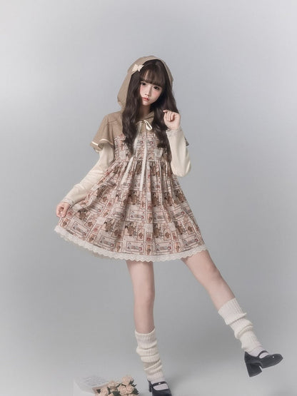 Dress Light Brown Cape Cute With Design Long Print Sleeve Ear Fashion Bear Hooded Kawaii