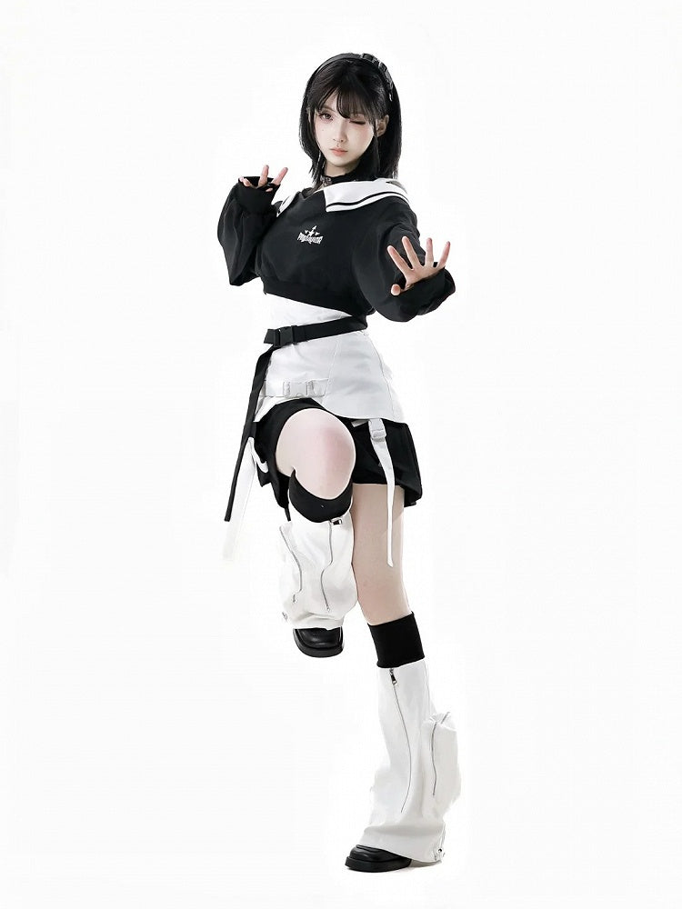 Punk Techwear Schwarzes futuristisches Cropped-Sweatshirt mit V-Ausschnitt Wasteland