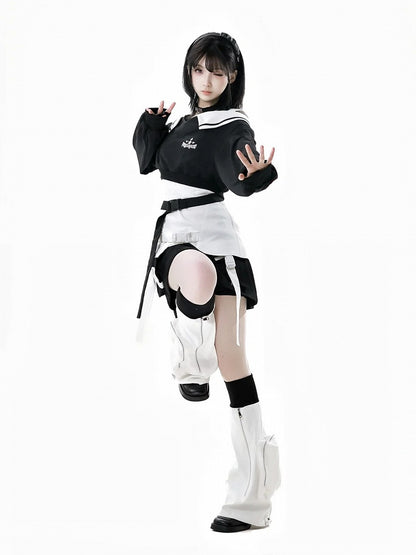 Wasteland Black V-Neck Futuristic Techwear Cropped Sweatshirt Punk