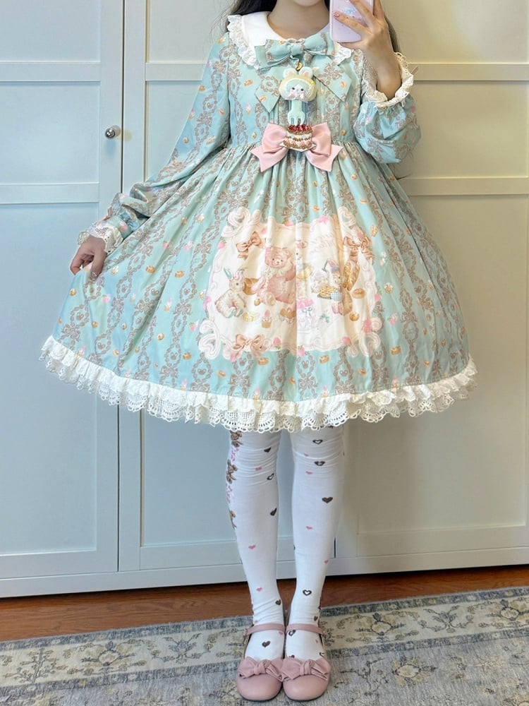 Mint Peter Pan Collar Long-Sleeve Bear Print OP Dress with Sash - Honey Village