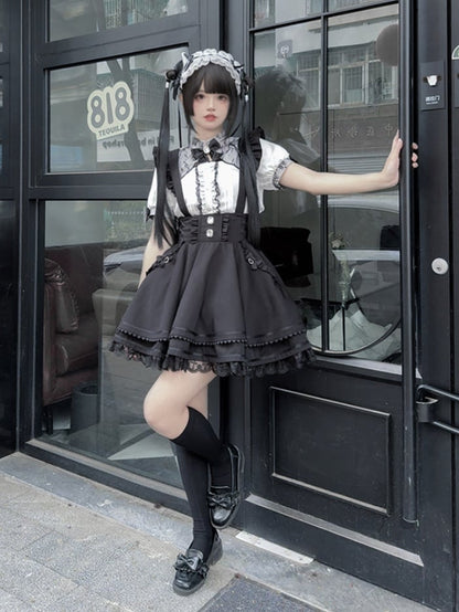 Tiered with at Back Skirt Sleeves Jirai Kei Black Overalls Embellished Bow Flutter Big Rhinestones
