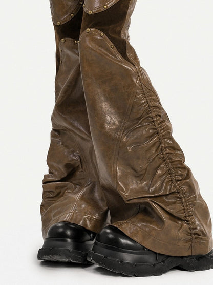 Black/Brown Punk PU Leather Trousers with Pleated Design