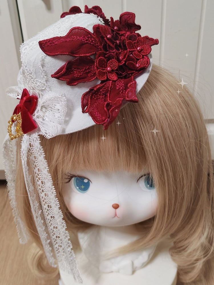 Lolita Bowknot Mini Wine Red Flower Top Velvet Hat