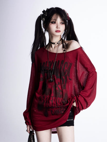 Graphic Vintage Coverup Red Semi-sheer Asymmetrical Neckline Sun Protection