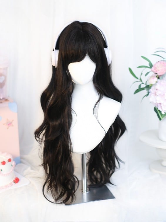 Black 65-70CM Tea Bangs With Side-swept Wig Length Wavy