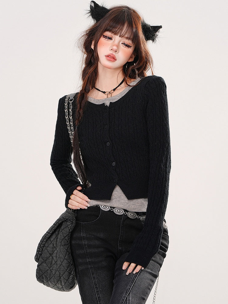 Rot/Schwarz/Grau Fake Zweiteiler Slim Fit Stricktop