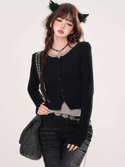 Rot/Schwarz/Grau Fake Zweiteiler Slim Fit Stricktop