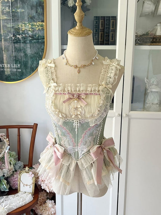 Corset with Pink Two Green Bows Boned Bead Top Details and