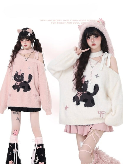 Pink/White Cozy One-Shoulder Fuzzy Balloon Sleeve Sweater with Cat and Bow Patterns