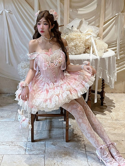 Rose Layered Lace Balletcore Accents Pink Beige Dress with