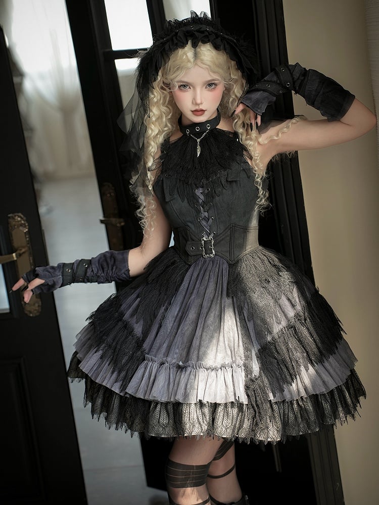 Schnalle Federkleid Panel Riemen Schulter Spitzenrock Gothic Schwarz Lolita