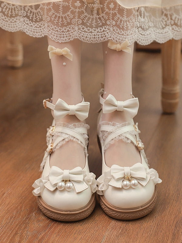 Trim Top White Bow Shoes Lolita Straps Buckle Crisscross Ruffles Hime Flat Lace at with