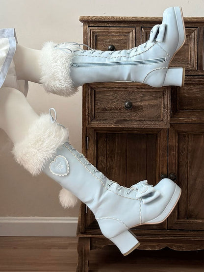 with PU in Cuff Plush Knee-Highs Blue Mid-heel