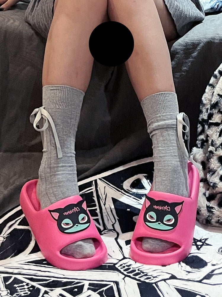 Slippers Summer Cat Gothic Black and With Applique Pink Green