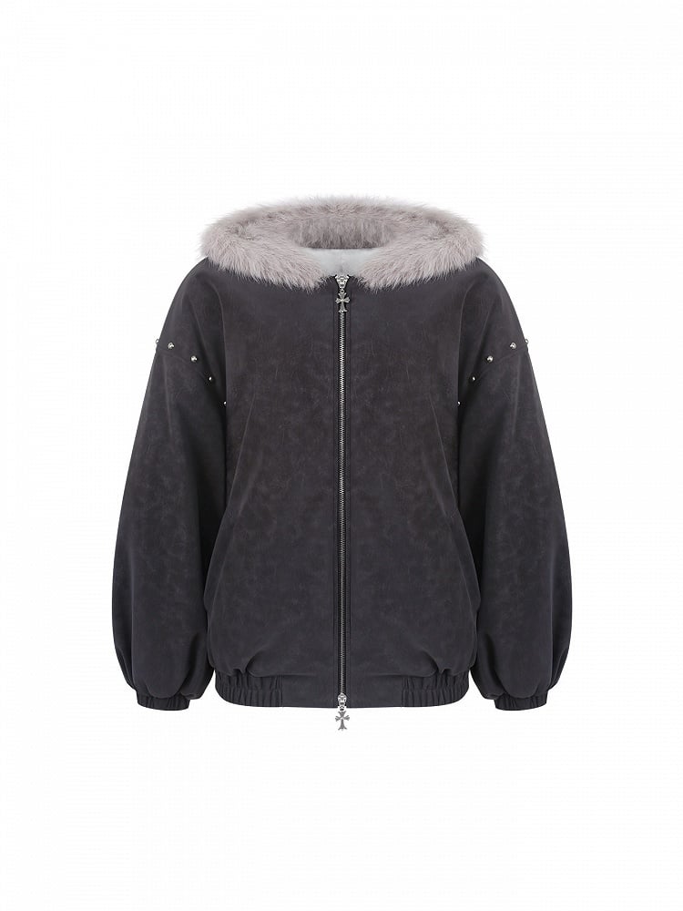 Metal Hooded With Dark Rivet Ear Gray Decor Furry Center Kitty Jacket