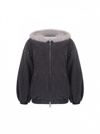Metal Hooded With Dark Rivet Ear Gray Decor Furry Center Kitty Jacket