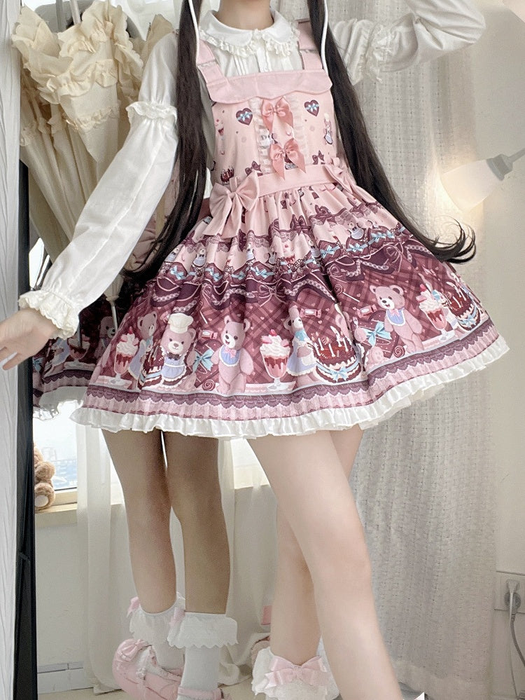 and Sweet Bear Lolita Print + Dress Big Bow Cake Overall Pink Train