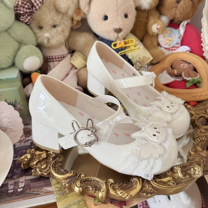 Applique Accents Low/Mid Wing Heels Sweet White - Lolita Toe Round Rabbit