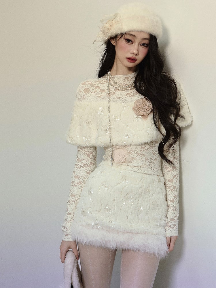 Aprikosenblüten verziertes Plüsch-Schal-Spitzenoberteil mit langen Ärmeln