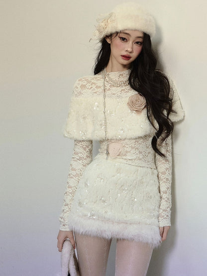 Aprikosenblüten verziertes Plüsch-Schal-Spitzenoberteil mit langen Ärmeln