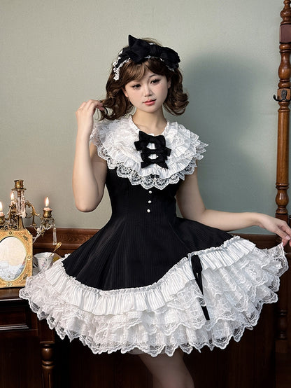 Black Neck Dress White Lolita Ruffle Fit Hem Striped Waist Layered with Sleeveless Fabric Slim and