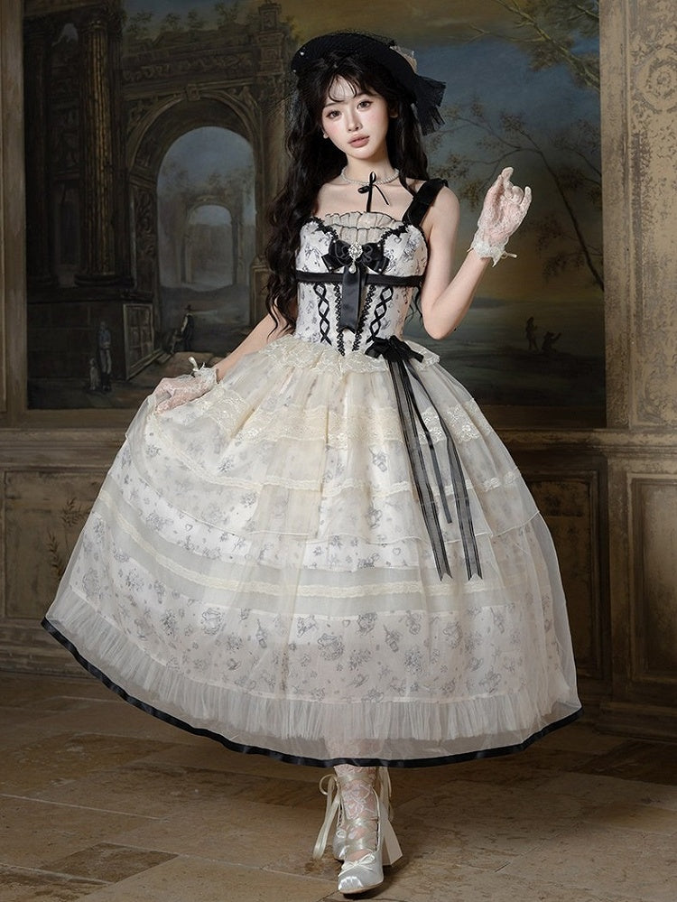 Champagne Bow Lace JSK Set with Cape and Pearl Hat - Sweetheart Macaron Lolita