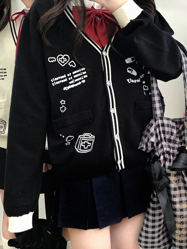 Marineblaue Strickjacke mit V-Ausschnitt und Grafik von Jirai Kei für Mädchen