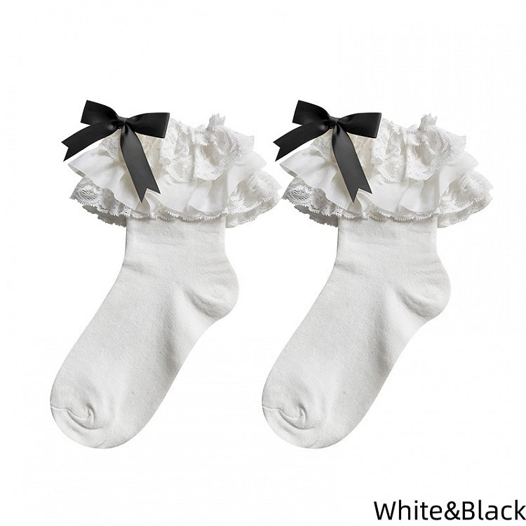 Bow 3 Cotton Ruffle Lace Multi-Layer Colors Lolita Socks