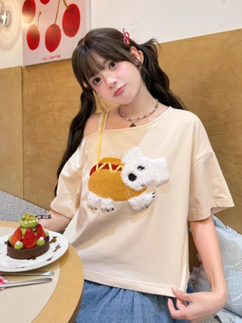 子犬のアップリケTシャツ 非対称ネックライン ホットドッグ アプリコットデザイン