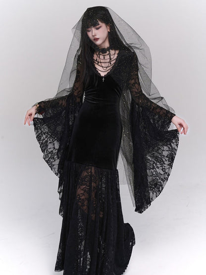Gothic Black Velvet Bell Sleeves V-Neck Lace Dress