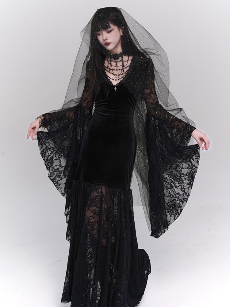Gothic-Spitzenkleid aus schwarzem Samt mit Glockenärmeln und V-Ausschnitt