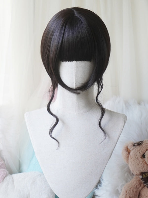 Schwarze, gerade Perücke im Bob-Schnitt mit Pony und doppelten langen/kurzen Pferdeschwanz-Krallenclips