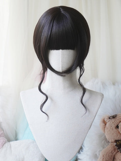 Schwarze, gerade Perücke im Bob-Schnitt mit Pony und doppelten langen/kurzen Pferdeschwanz-Krallenclips