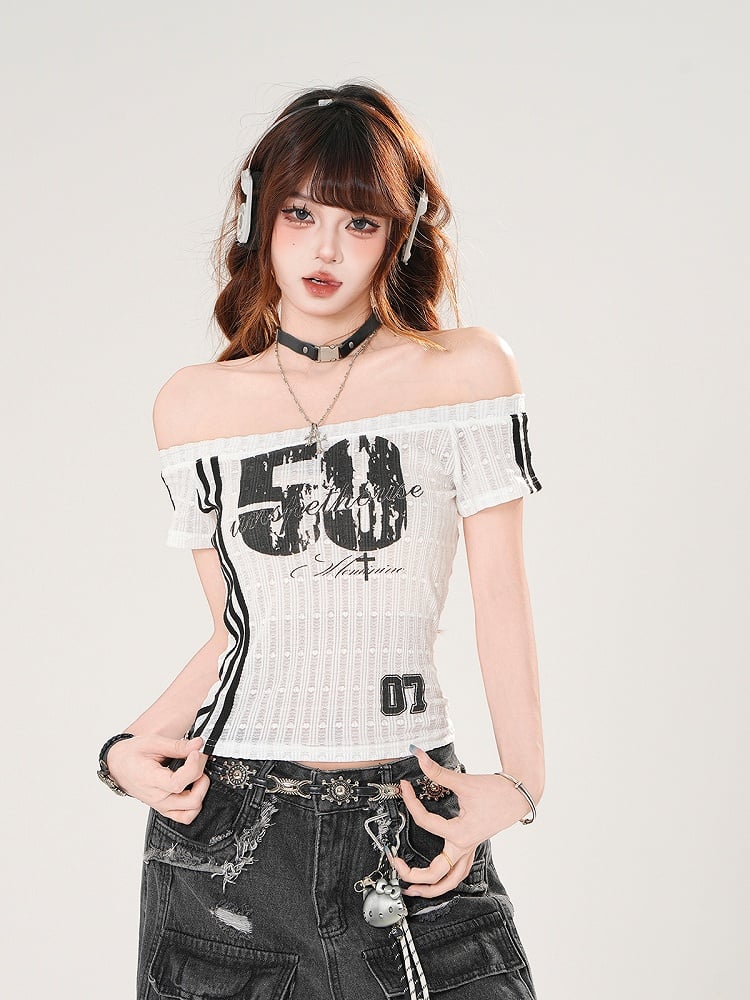 Slim-fitting Red/Black Off-the-shoulder Number Print Neckline