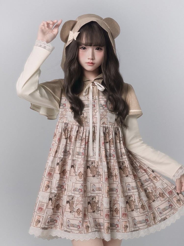Dress Light Brown Cape Cute With Design Long Print Sleeve Ear Fashion Bear Hooded Kawaii