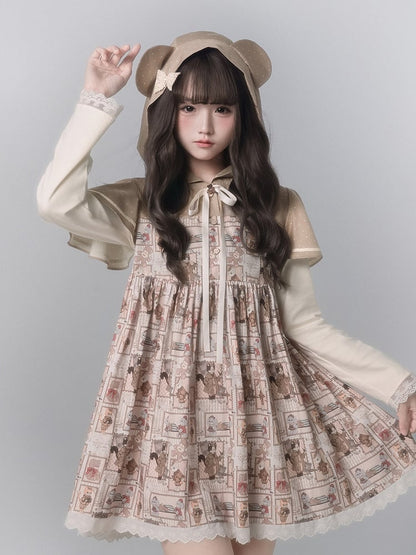 Dress Light Brown Cape Cute With Design Long Print Sleeve Ear Fashion Bear Hooded Kawaii
