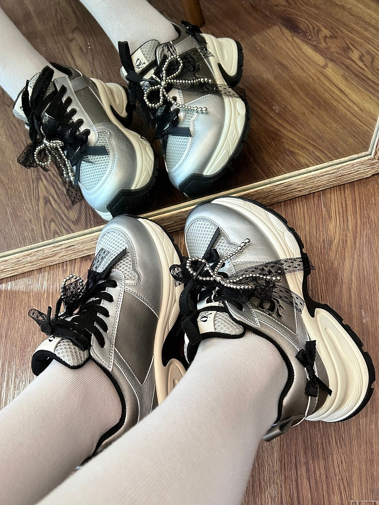 Beaded Front Ties Black Bowknot Lace-up Decorated Details Sneakers