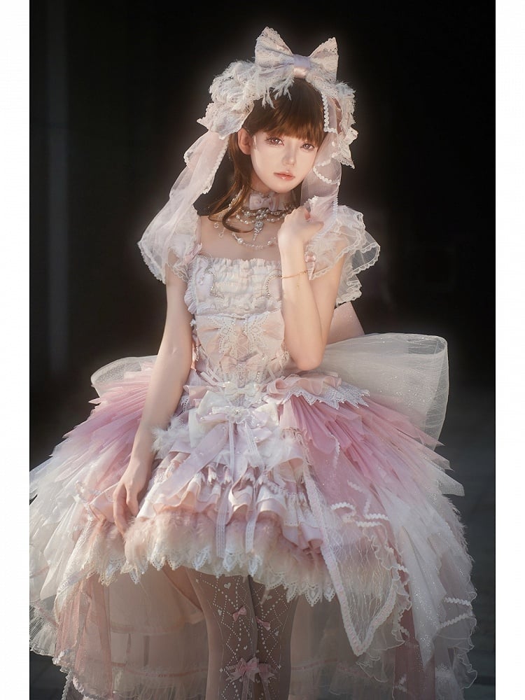 Pink Swan Feather Accented Lolita JSK Dress Set - Felinae Cookie
