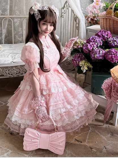 Sweet Lolita Bowknot Bag with Pearls & Lace - Sheep Puff Bag