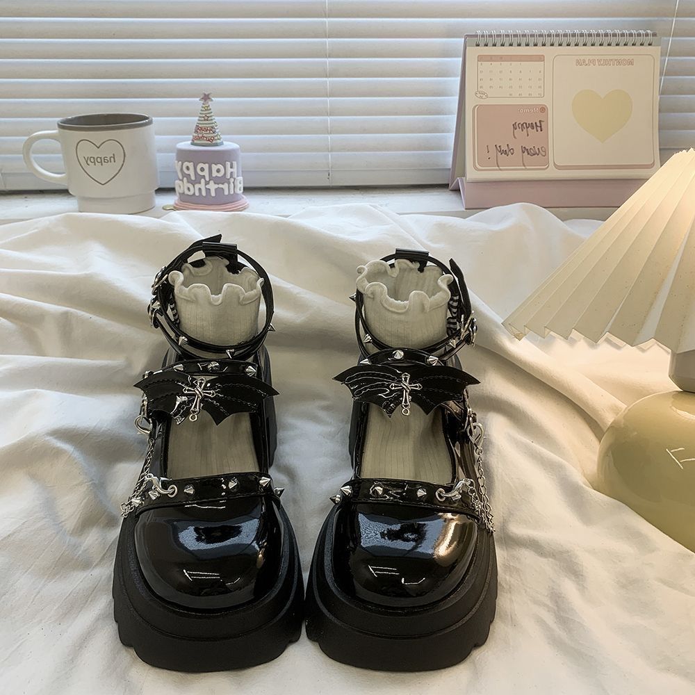Dark Bat Y2K Punk Block-Heel Mary Jane Shoes – Gyaru Lolita Subculture Style