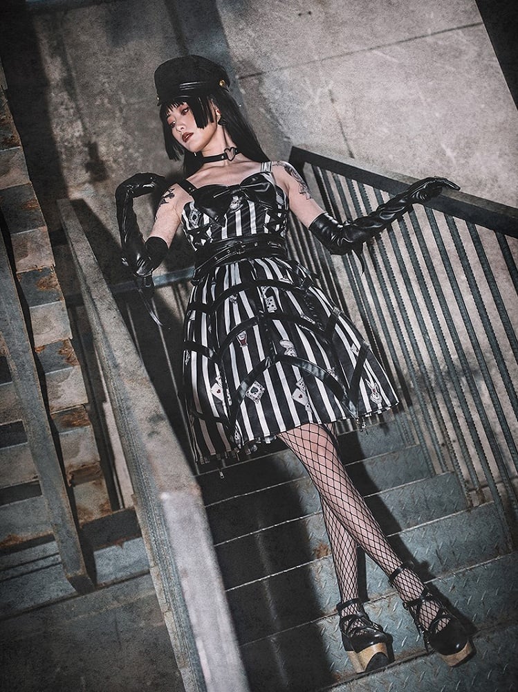 Black with Playing Striped Punk Card Lolita Dress and White Prints