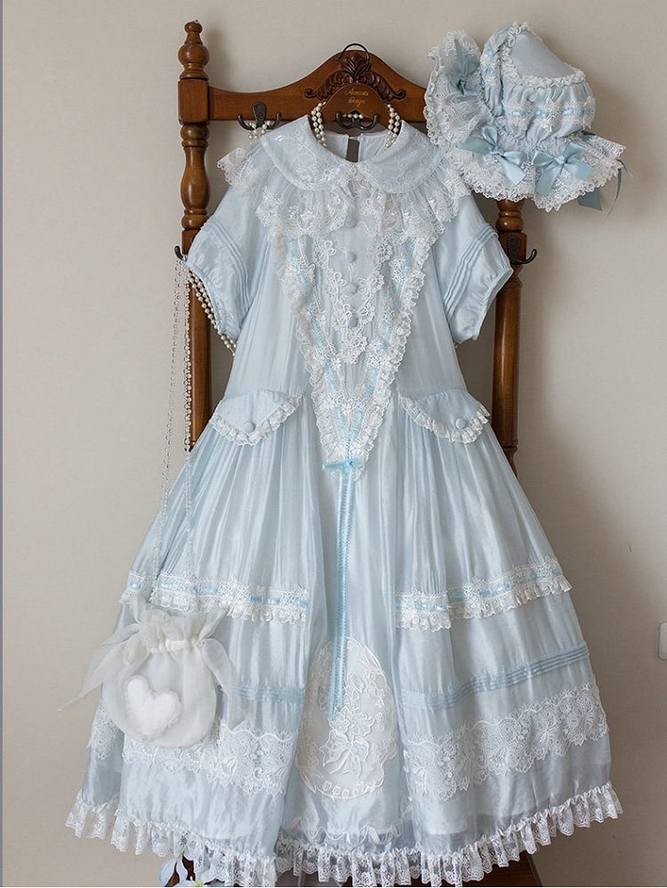 Blue Peter Pan Collar Lolita Long Dress with Lace and Embroidery
