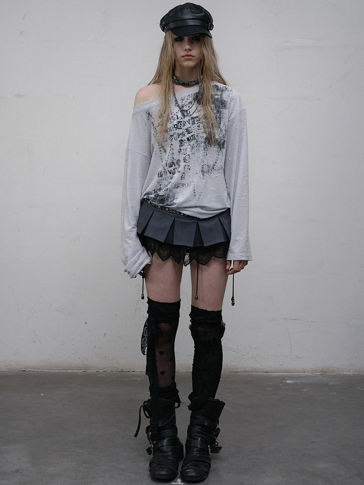 ウェイストランドパンクレターロングトップ、アシンメトリーブルー/ベージュスリーブ、ネックラインプリント