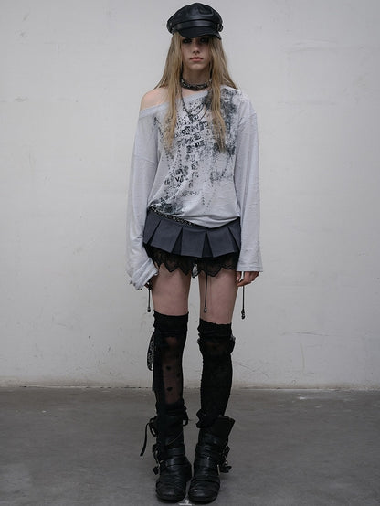 ウェイストランドパンクレターロングトップ、アシンメトリーブルー/ベージュスリーブ、ネックラインプリント