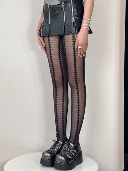 Black Pattern Diamond Striped Punk And Tights