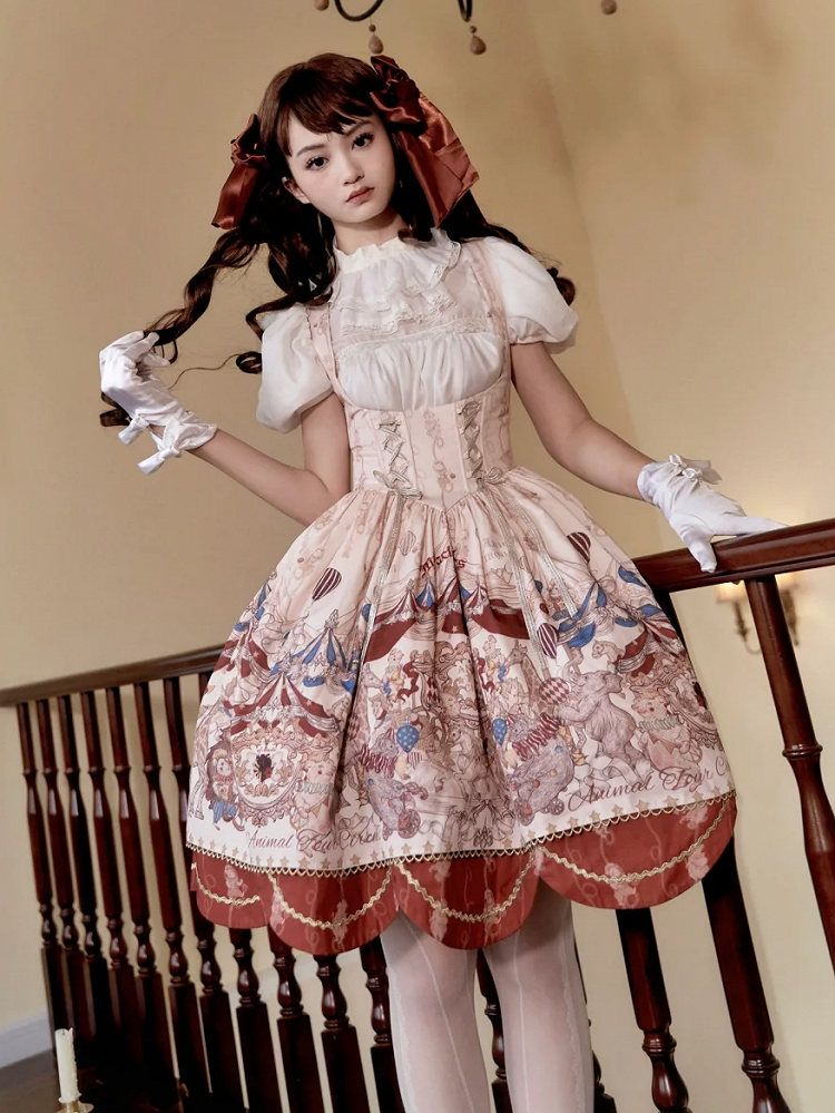 アンダーバスト、ボーンウエスト、サーカスアニマル柄、ロリータジャンパースカート、ショートバージョン