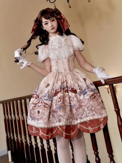 アンダーバスト、ボーンウエスト、サーカスアニマル柄、ロリータジャンパースカート、ショートバージョン