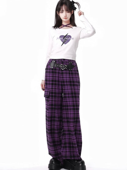Purple Plaid Pants Heart Buckle Pattern Trendy - PINK SAVIOR