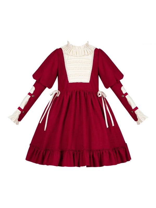 Waist Drawstring Brooch Sleeves and Red Bow Beige Juliette Dress with Lolita Version Short