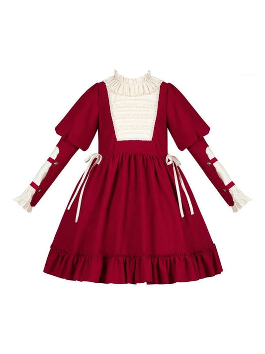 Waist Drawstring Brooch Sleeves and Red Bow Beige Juliette Dress with Lolita Version Short